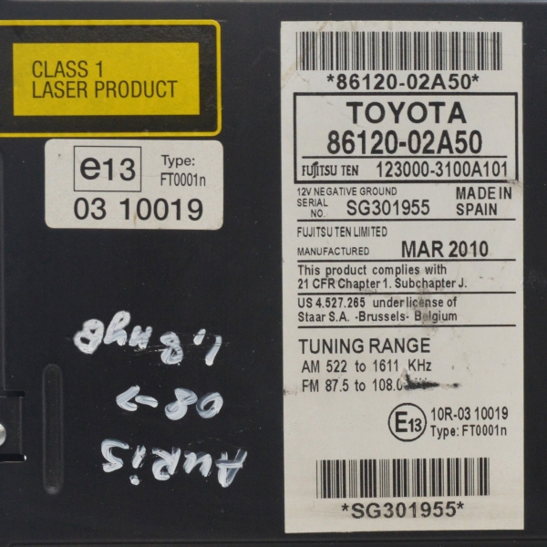 Радио CD Toyota Auris 1.8 Hybrid 99 конски сили 86120-02А50